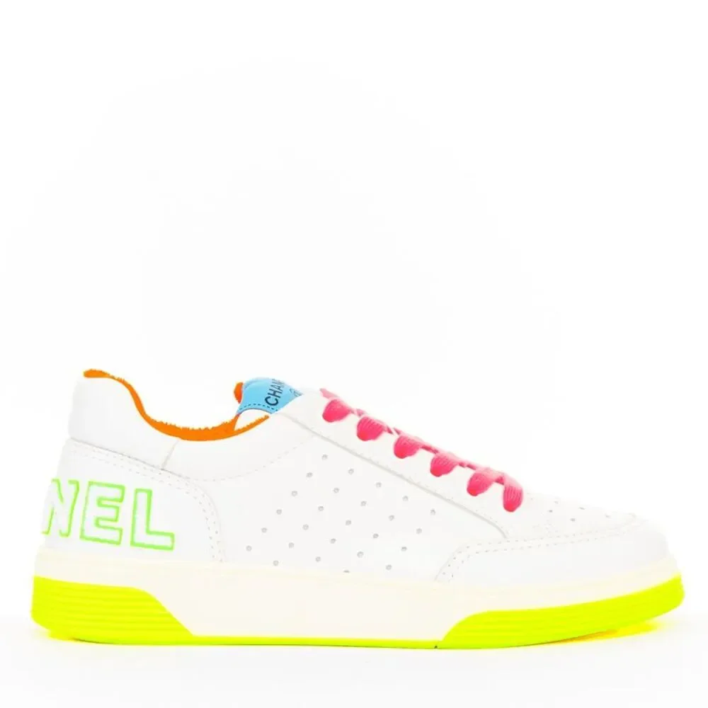 Chanel 2020 White Leather Neon Low Top Sneakers